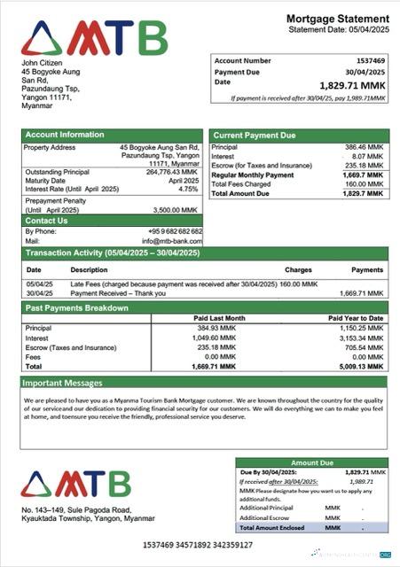 Download Myanma Tourism Bank mortgage statement Word and PDF template Photoshop template